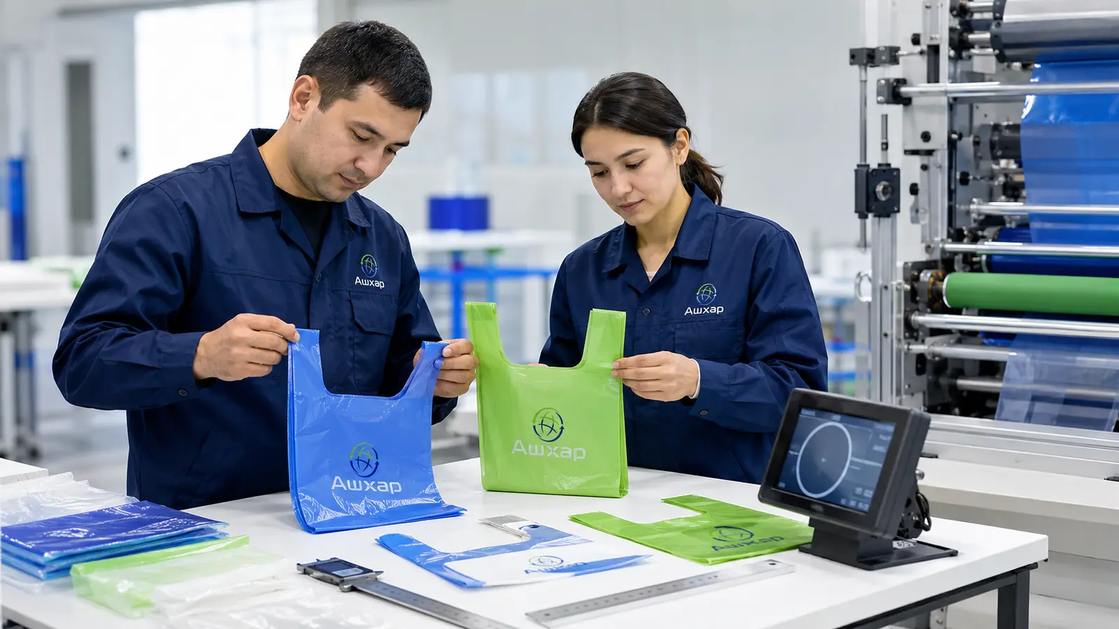Контроль качества цветных пакетов майка сотрудниками A-Bag