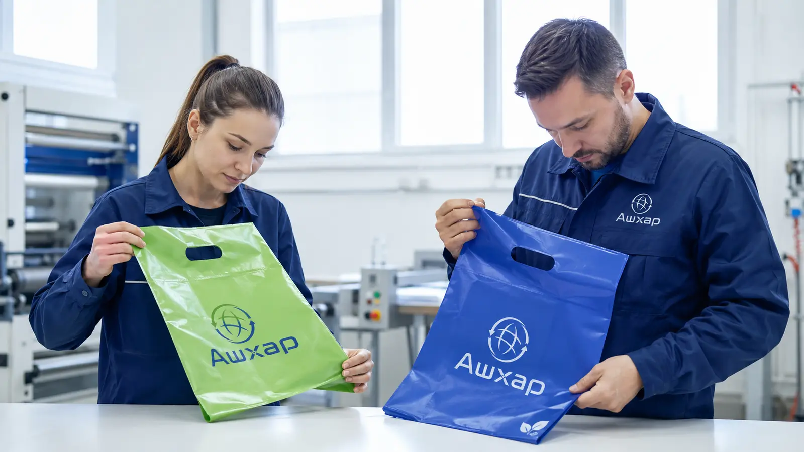 Сотрудники A-Bag проверяют зелёный и синий пакеты с прорубной ручкой