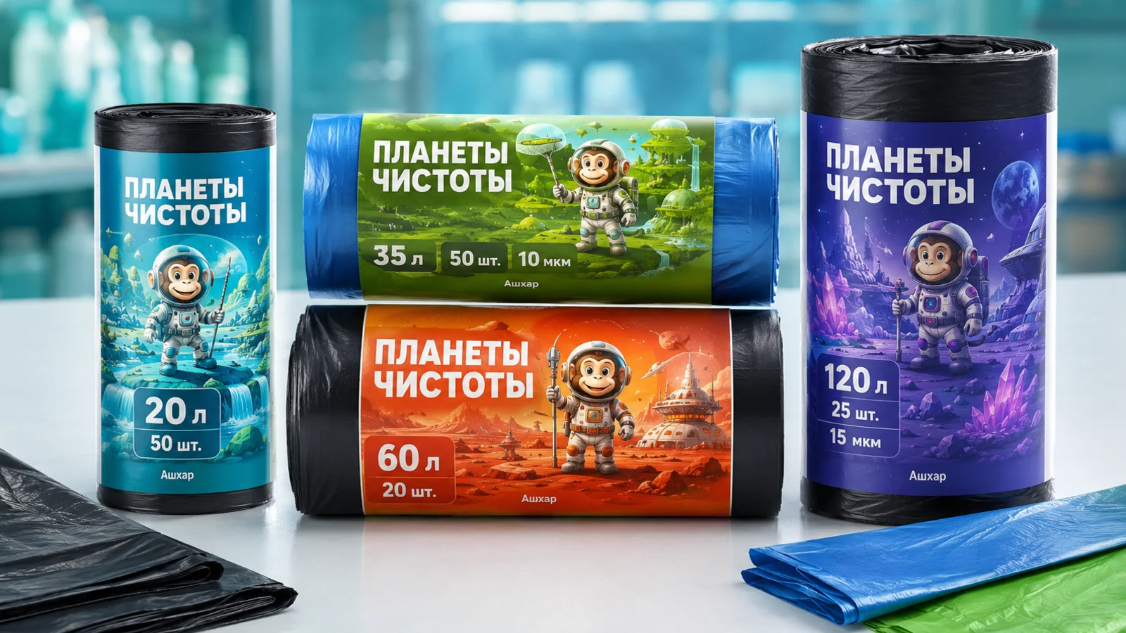 Мусорные пакеты под собственной торговой маркой в фирменных цветах